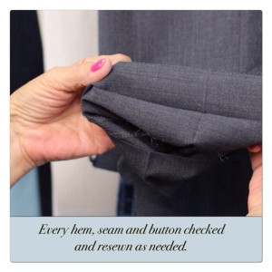 Image of woman checking pant seams and caption "Every hem, seam, and button checked and resewn as needed."